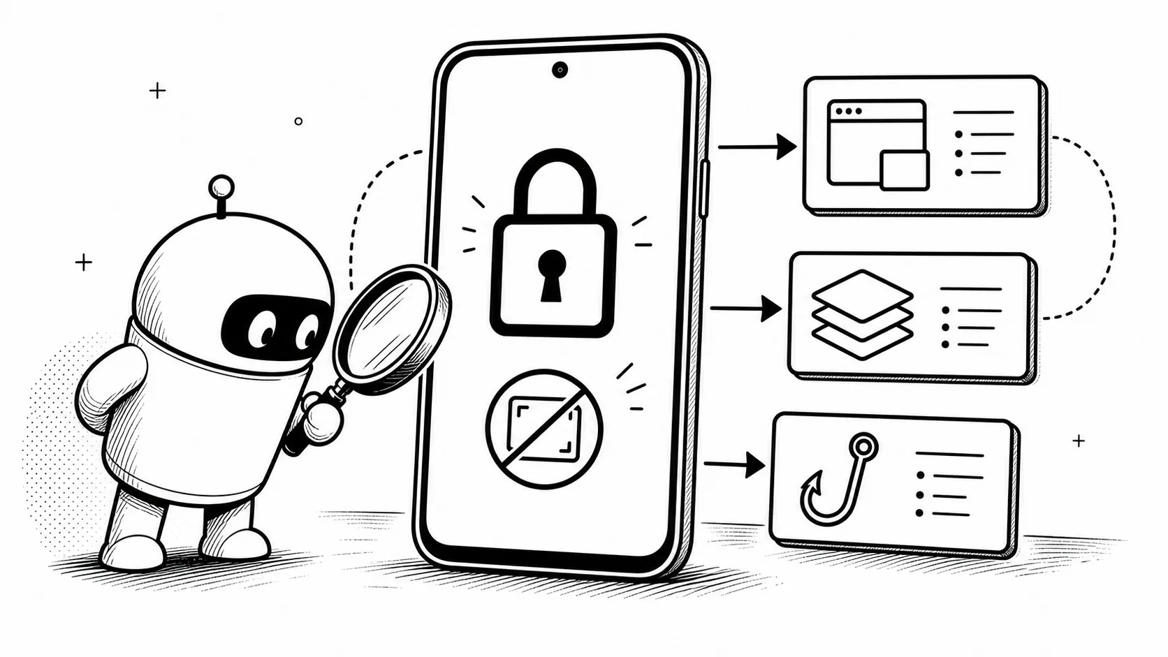 FLAG_SECURE, LSPosed ve DisableFlagSecure konusunu anlatan siyah beyaz karikatür çizimi